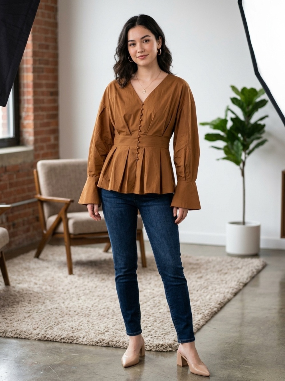 MR&Er Women Brown Peplum Blouse S Pleated Waist Long Flare Sleeve V-Neck Top New